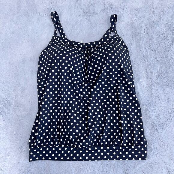 Lands End Blouson Tummy Control Tankini Swimsuit Top Black Polka Dot Womens 14 - Picture 1 of 5